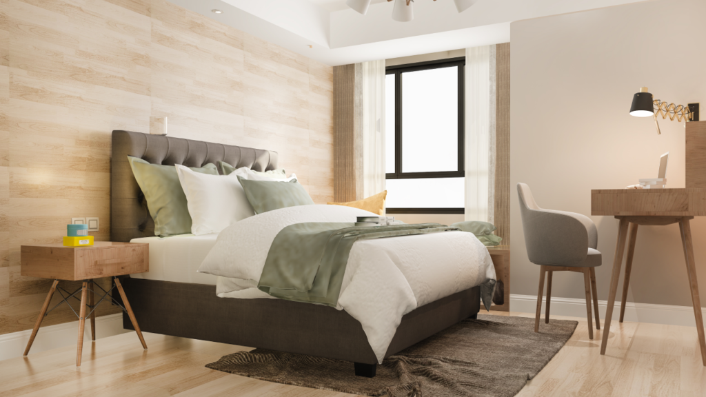 Quarto decorado e confortável